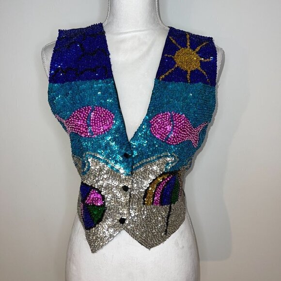 Serious Fun Sequin Vest Womens Size Small S Vintage Cotton Back Tie Front Snaps - Picture 9 of 11